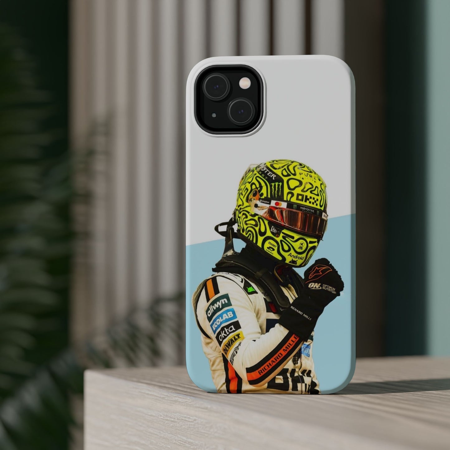Lando Norris F1 Phone Case – White & Neon Helmet Edition