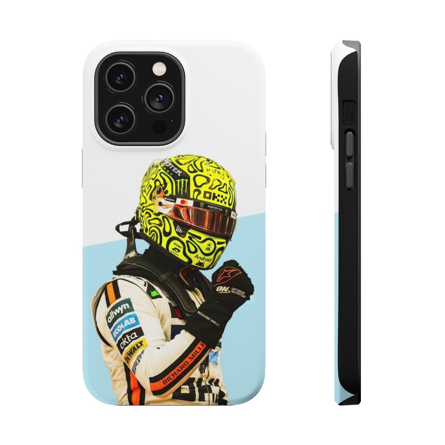 Lando Norris F1 Phone Case – White & Neon Helmet Edition